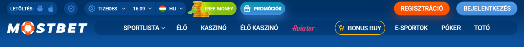 Mostbet magyar nyelvű főoldal, bejelentkezési gomb és menü kiemelve