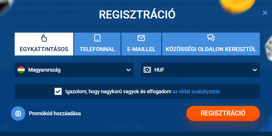 Mostbet regisztrációs oldal screenshot a három opcióval